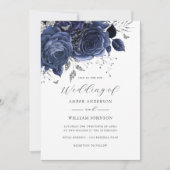 Navy Silver Floral Rose Wedding   Kaart (Voorkant)