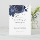 Navy Silver Floral Rose Wedding   Kaart (Staand voorkant)