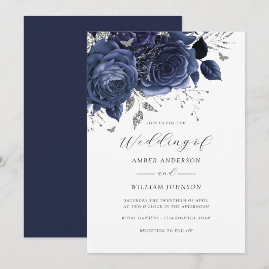 Navy Silver Floral Rose Wedding   Kaart (Voorkant / Achterkant)