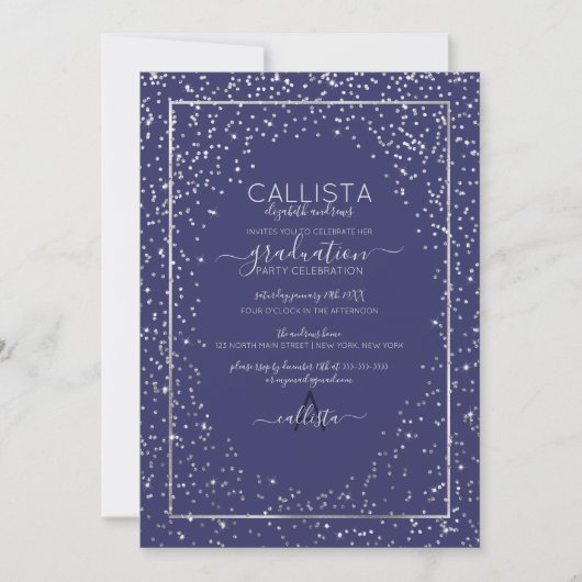 Navy Silver Glitter Confetti Border Afstuderen Kaart (Voorkant)