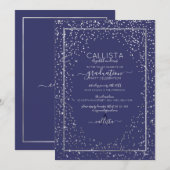 Navy Silver Glitter Confetti Border Afstuderen Kaart (Voorkant / Achterkant)