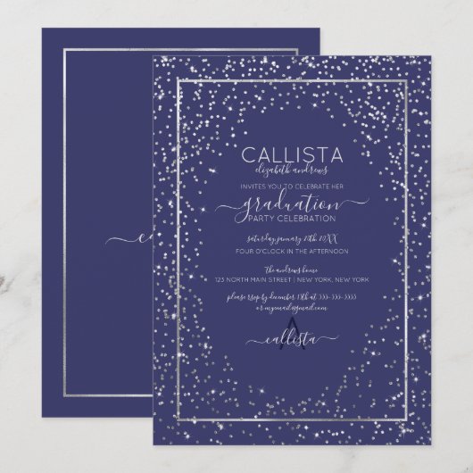 Navy Silver Glitter Confetti Border Afstuderen Kaart (Voorkant / Achterkant)