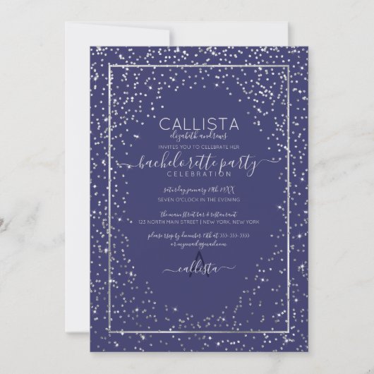 Navy Silver Glitter Confetti Border Bachelorette Kaart (Voorkant)