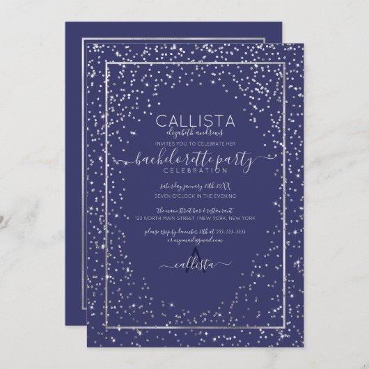 Navy Silver Glitter Confetti Border Bachelorette Kaart (Voorkant / Achterkant)