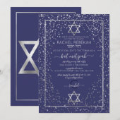 Navy Silver Glitter Confetti Border Bat Mitzvah Kaart (Voorkant / Achterkant)