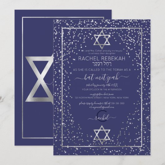 Navy Silver Glitter Confetti Border Bat Mitzvah Kaart (Voorkant / Achterkant)