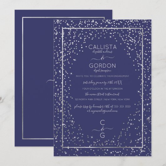 Navy Silver Glitter Confetti Border Verloving Kaart (Voorkant / Achterkant)