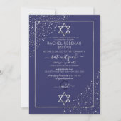 Navy Silver Glitter Confetti Corners Bat Mitzvah Kaart (Voorkant)