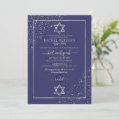 Navy Silver Glitter Confetti Corners Bat Mitzvah Kaart (Staand voorkant)