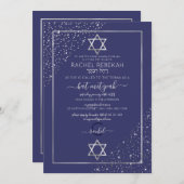 Navy Silver Glitter Confetti Corners Bat Mitzvah Kaart (Voorkant / Achterkant)