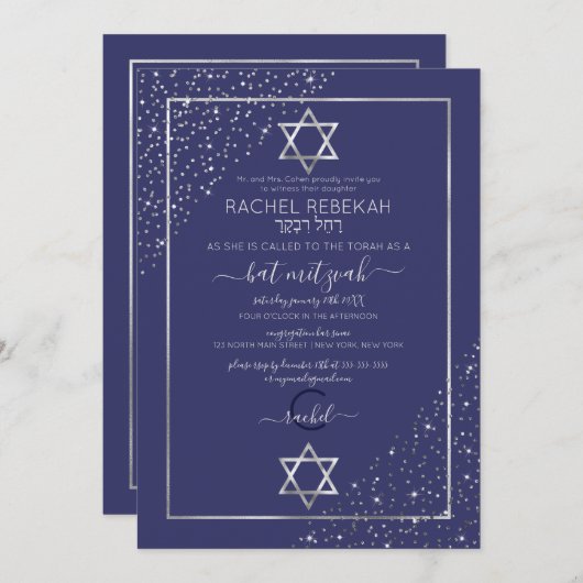Navy Silver Glitter Confetti Corners Bat Mitzvah Kaart (Voorkant / Achterkant)