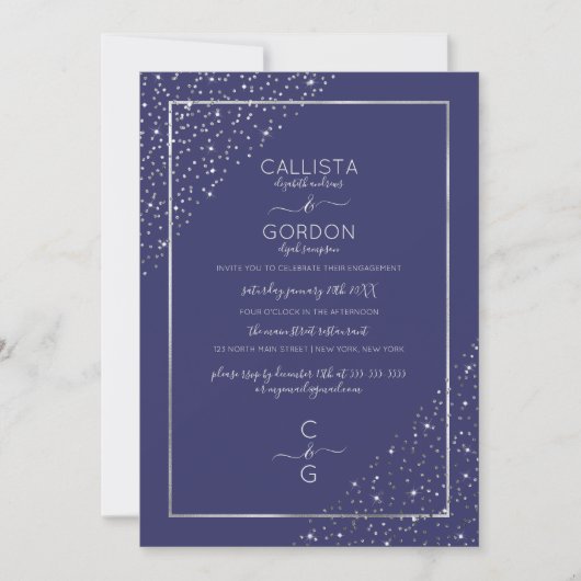 Navy Silver Glitter Confetti Corners Verloving Kaart (Voorkant)