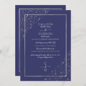 Navy Silver Glitter Confetti Corners Verloving Kaart (Voorkant / Achterkant)