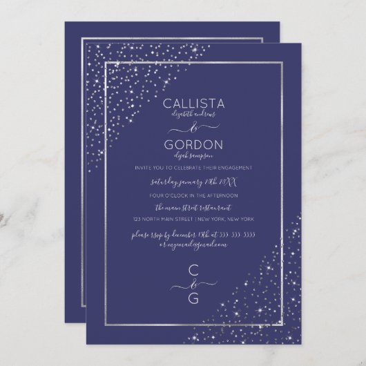 Navy Silver Glitter Confetti Corners Verloving Kaart (Voorkant / Achterkant)