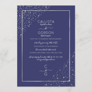 Navy Silver Glitter Confetti Corners Verloving Kaart
