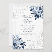Navy Silver Glitter Confetti Floral Border Wedding Kaart (Voorkant)