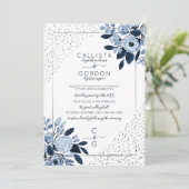 Navy Silver Glitter Confetti Floral Border Wedding Kaart (Staand voorkant)