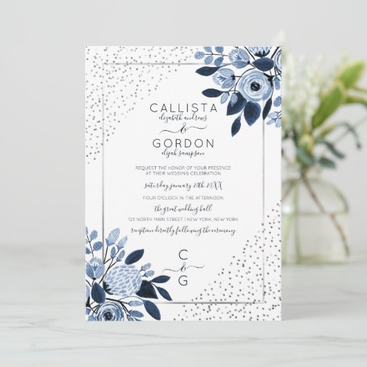 Navy Silver Glitter Confetti Floral Border Wedding Kaart (Staand voorkant)