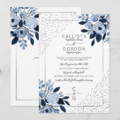 Navy Silver Glitter Confetti Floral Border Wedding Kaart (Voorkant / Achterkant)