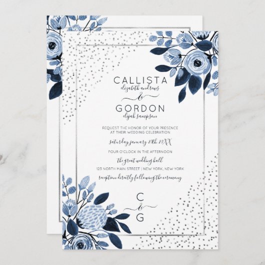 Navy Silver Glitter Confetti Floral Border Wedding Kaart (Voorkant / Achterkant)