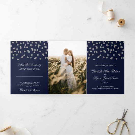 Navy Silver Glitter Confetti foto bruiloft Drieluik Programma (Buitenkant)
