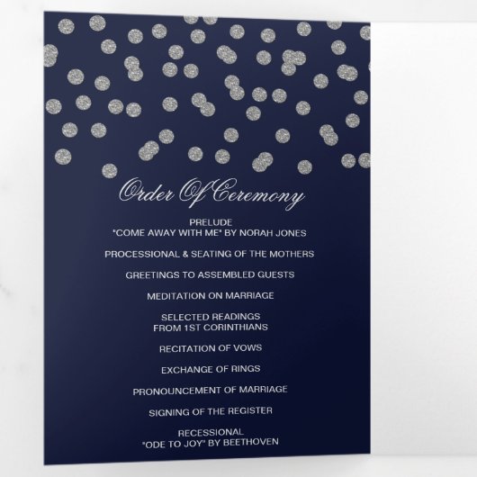 Navy Silver Glitter Confetti foto bruiloft Drieluik Programma (Binnenzijde eerst)