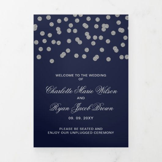 Navy Silver Glitter Confetti foto bruiloft Drieluik Programma (Cover)