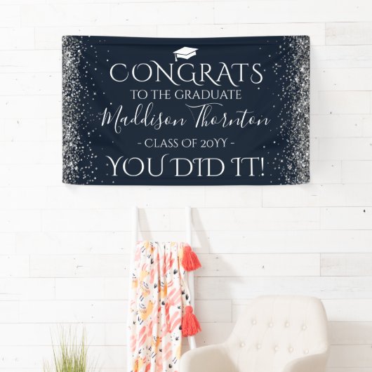Navy & Silver Glitter Congrats Afstuderen Afstuder Spandoek (Insitu)