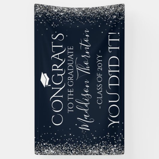 Navy & Silver Glitter Congrats Afstuderen Afstuder Spandoek (Verticaal)