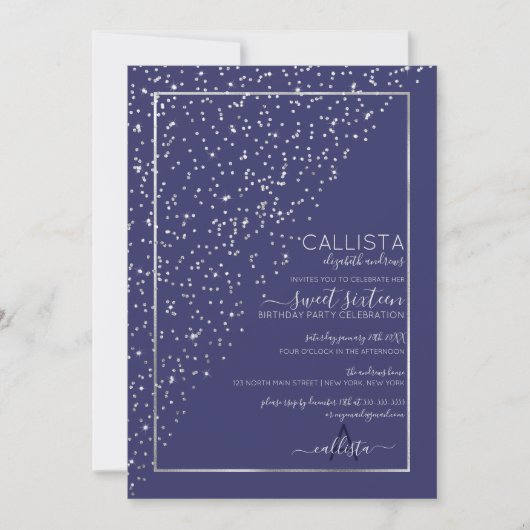 Navy Silver Glitter Diagonaal Confetti Sweet 16 Kaart (Voorkant)