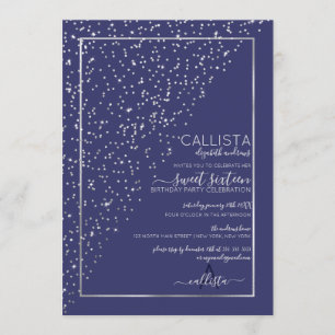 Navy Silver Glitter Diagonaal Confetti Sweet 16 Kaart