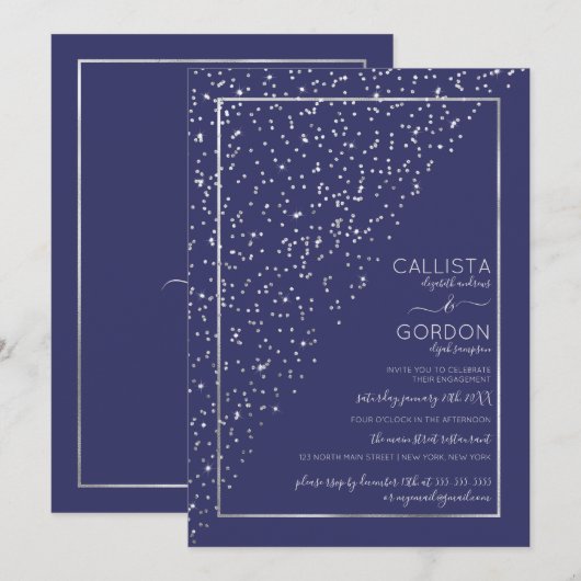 Navy Silver Glitter Diagonal Confetti Verloving Kaart (Voorkant / Achterkant)