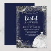 Navy & Silver Glitter Floral Vrijgezellenfeest Inv Kaart (Voorkant / Achterkant)