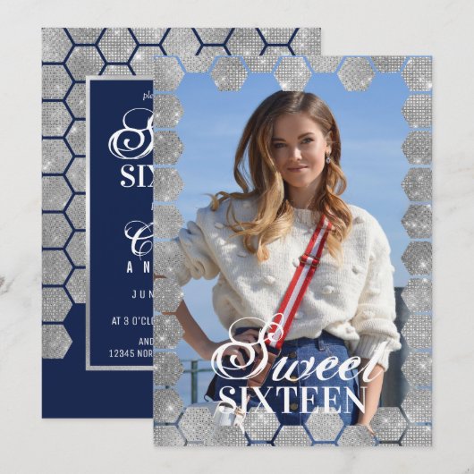 Navy Silver Glitter Hexagon Geo Foto Sweet 16 Kaart (Voorkant / Achterkant)