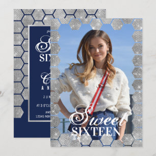 Navy Silver Glitter Hexagon Geo Foto Sweet 16 Kaart