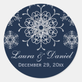 Navy Silver Glitter LOOK Sneeuwvlok Bruiloft Stick Ronde Sticker
