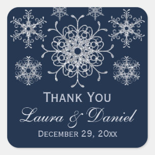 Navy Silver Glitter LOOK Sneeuwvlok Bruiloft Stick Vierkante Sticker