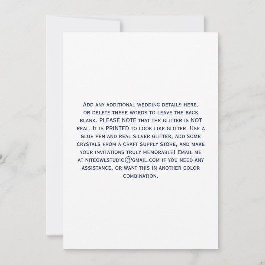 Navy Silver Glitter LOOK Sneeuwvlokken Bruiloft Ui Kaart (Achterkant)