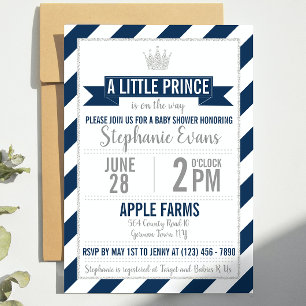 Navy Silver Glitter Prince Baby shower Invite Kaart