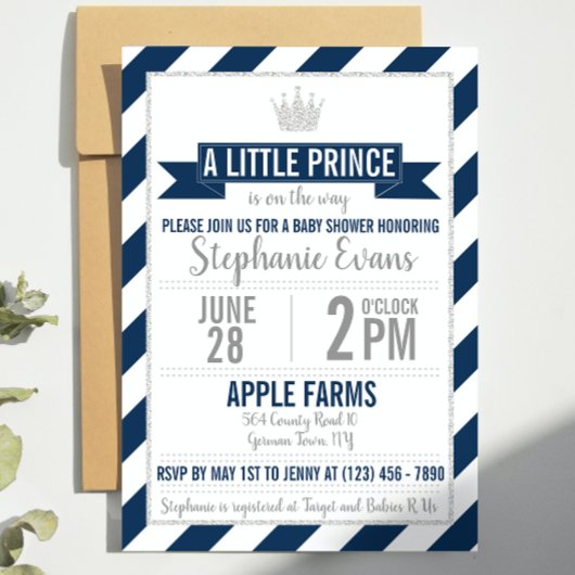 Navy Silver Glitter Prince Baby shower Invite Kaart