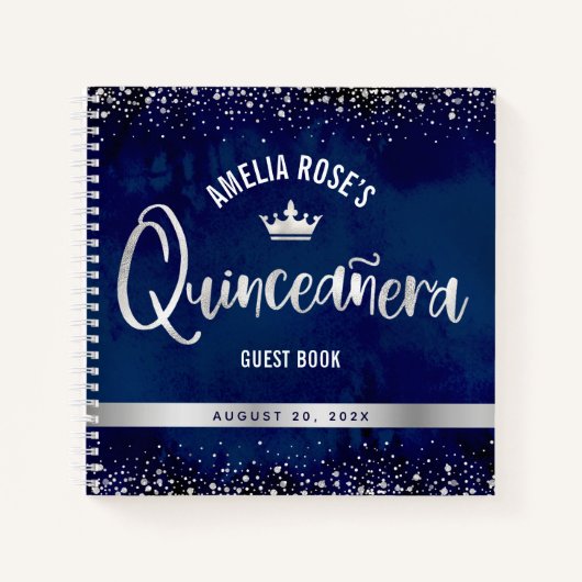 Navy Silver Glitter Tiara Quinceañera Gastenboek Notitieboek (Voorkant)