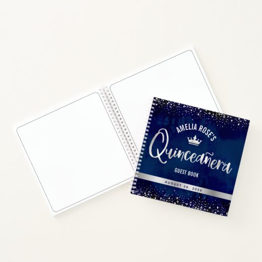 Navy Silver Glitter Tiara Quinceañera Gastenboek Notitieboek (Binnen)