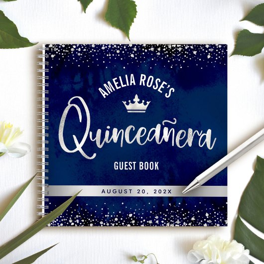 Navy Silver Glitter Tiara Quinceañera Gastenboek Notitieboek