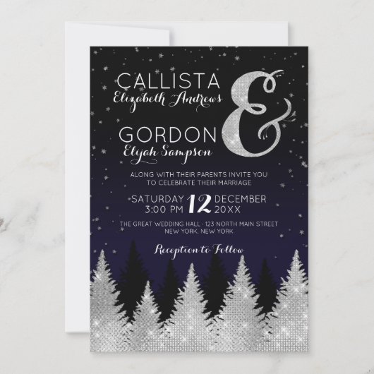 Navy Silver Glitter Tree Winter Wonderland Wedding Kaart (Voorkant)