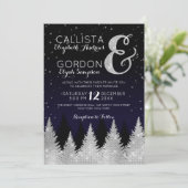 Navy Silver Glitter Tree Winter Wonderland Wedding Kaart (Staand voorkant)
