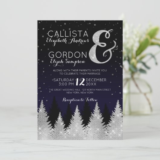 Navy Silver Glitter Tree Winter Wonderland Wedding Kaart (Staand voorkant)