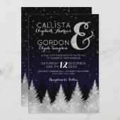 Navy Silver Glitter Tree Winter Wonderland Wedding Kaart (Voorkant / Achterkant)