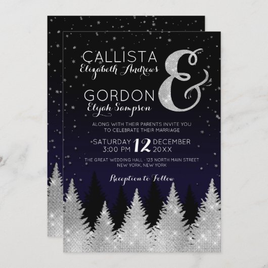 Navy Silver Glitter Tree Winter Wonderland Wedding Kaart (Voorkant / Achterkant)