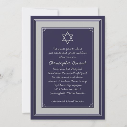 Navy Silver Gray Bar Mitzvah uitnodiging (Voorkant)