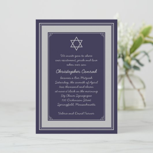 Navy Silver Gray Bar Mitzvah uitnodiging (Staand voorkant)